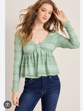 Francesca's Sage Green Lace Peplum Knot-Front Long Sleeve Top